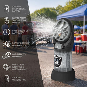 Alpha Cool misting fan with Raiders logo featuring battery life and charging specifications