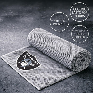 AlphaCool Raiders cooling towel with instructions to wet and wear for cooling relief