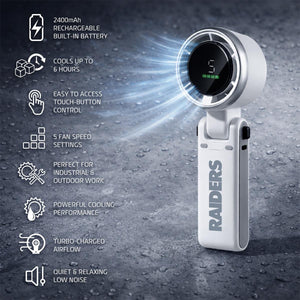 Raiders handheld fan with digital display and eight feature icons listed on a textured grey background