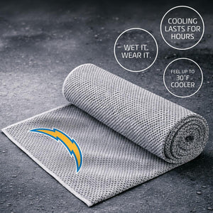 AlphaCool grey cooling towel with Los Angeles Chargers logo and text detailing cooling benefits