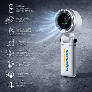 AlphaCool handheld fan with Los Angeles Chargers branding and feature list icons