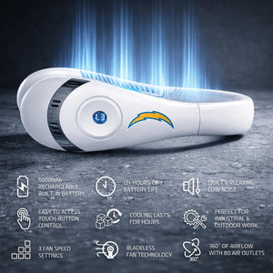 AlphaCool white neck fan with Los Angeles Chargers logo and feature icons for battery life and airflow settings