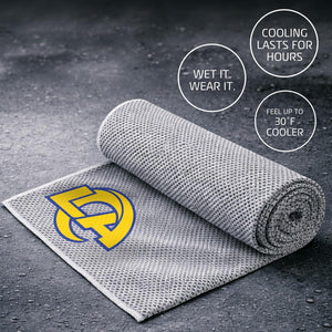Grey Los Angeles Rams cooling towel with instructions to wet and wear for cooling relief