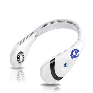 White wearable neck fan with blue logo and digital display