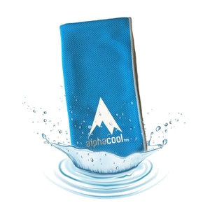 Blue AlphaCool cooling towel in a water splash