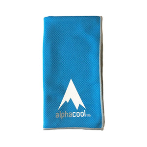 Blue AlphaCool cooling towel with white mountain logo