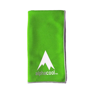 Lime green AlphaCool cooling towel with white mountain logo