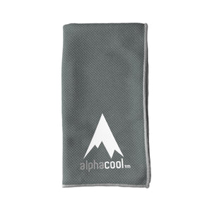 Grey AlphaCool microfiber cleaning cloth with white logo