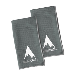 Two grey Alphacool microfiber cleaning cloths with white mountain logo