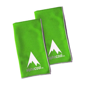 Two bright green AlphaCool cooling towels with white mountain logos