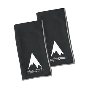 Two black Alphacool cooling towels with white mountain logo