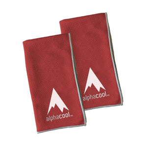 Two red Alphacool cooling towels with white mountain logo