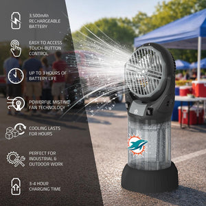 Alpha Cool misting fan with Miami Dolphins logo and feature list including battery life and charging time