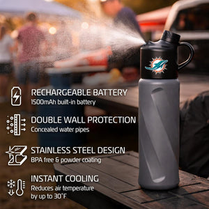 Miami Dolphins misting water bottle with rechargeable battery double wall insulation and stainless steel design