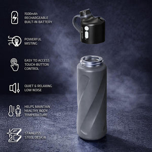AlphaCool water bottle features including rechargeable battery misting touch button control and stainless steel design