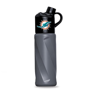 AlphaCool grey water bottle with Miami Dolphins logo on black lid