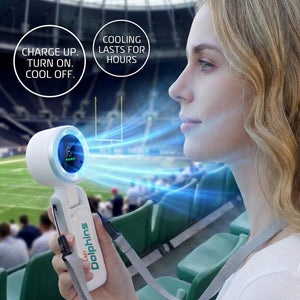 Woman holding a Miami Dolphins branded handheld portable fan in a stadium