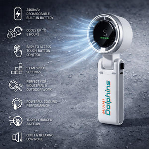 AlphaCool Miami Dolphins handheld fan with feature list including battery life speed settings and airflow performance