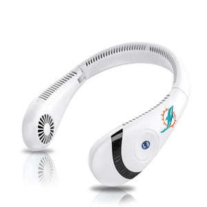 AlphaCool white wearable neck fan with Miami Dolphins logo and digital display