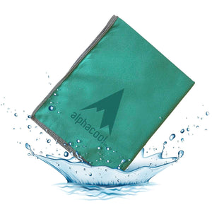 AlphaCool green cooling towel with logo surrounded by water splash