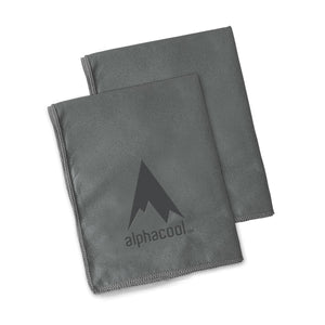 Two grey AlphaCool microfiber cleaning cloths