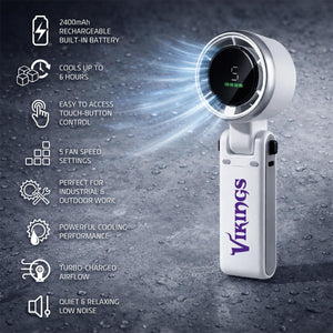 AlphaCool handheld fan with digital display and eight feature icons listed on the left