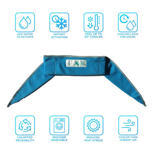 AlphaCool blue cooling headband with eight feature icons explaining water activation and cooling benefits