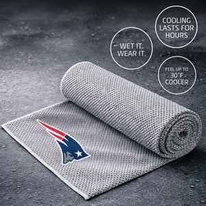 AlphaCool grey cooling towel with New England Patriots logo on textured surface
