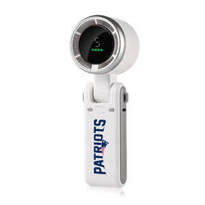 White handheld fan with New England Patriots logo and digital battery display
