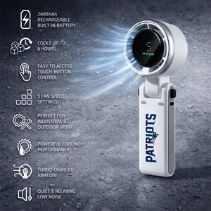 AlphaCool handheld fan with Patriots logo and list of features including battery life and speed settings