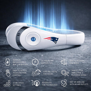 White New England Patriots neck fan with bladeless technology and 5000mAh rechargeable battery