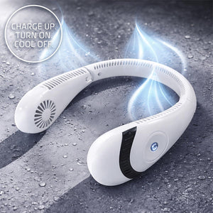 White wearable neck fan with blue airflow graphic on a wet stone surface