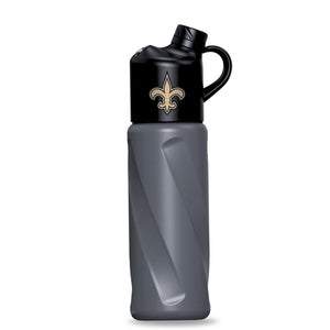 New Orleans Saints grey water bottle with black lid and team logo