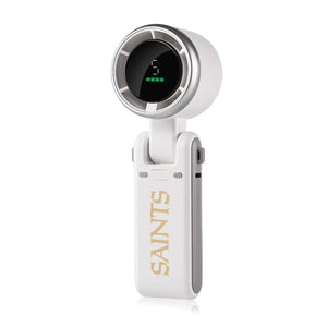 White Saints handheld portable fan with digital display showing battery level