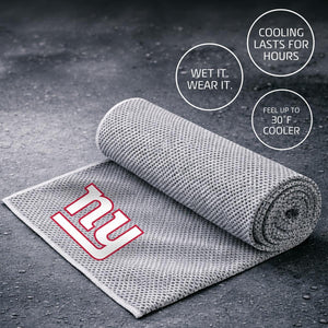 AlphaCool New York Giants cooling towel with text overlays describing cooling benefits