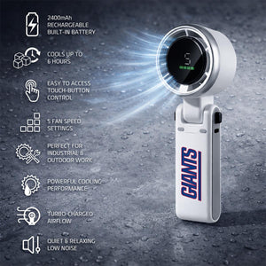 Cianis handheld fan with digital display and eight feature icons listed on the left