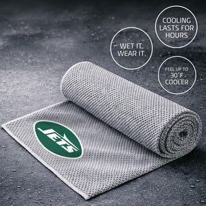 New York Jets cooling towel with text overlays explaining cooling benefits
