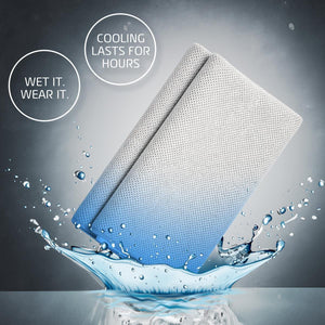 Folded blue and white cooling towel with water splashes and text overlay