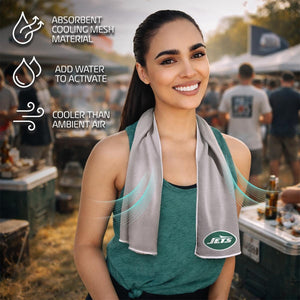 AlphaCool cooling towel with Jets logo featuring absorbent mesh material and water activation instructions