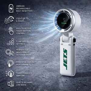 AlphaCool handheld fan with digital display and feature list including battery life and speed settings
