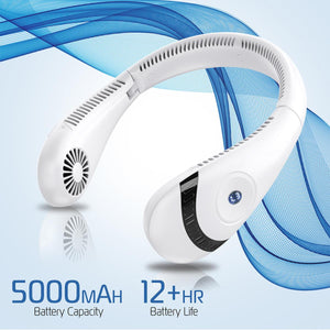 AlphaCool white wearable neck fan with 5000mAh battery capacity and 12 hour battery life