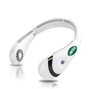AlphaCool white wearable neck fan with New York Jets logo
