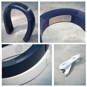 AlphaCool neck fan showing cooling plate, power buttons, and charging cable