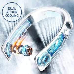 AlphaCool neck fan showing internal motor and dual action cooling airflow