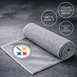 Grey Pittsburgh Steelers cooling towel with text overlays explaining cooling benefits