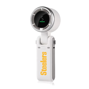 White handheld portable fan with digital display and Pittsburgh Steelers logo
