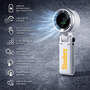AlphaCool Steelers handheld fan with digital display and feature list