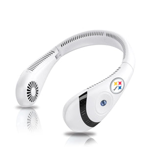 White wearable neck fan with Pittsburgh Steelers logo