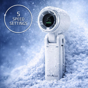 AlphaCool handheld fan with digital display showing 5 speed settings in snow