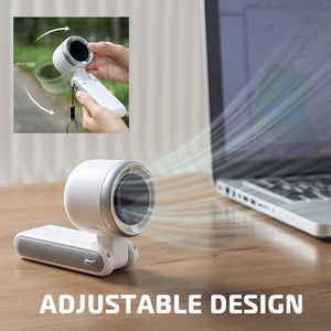 AlphaCool portable handheld fan with 180 degree adjustable head on a desk